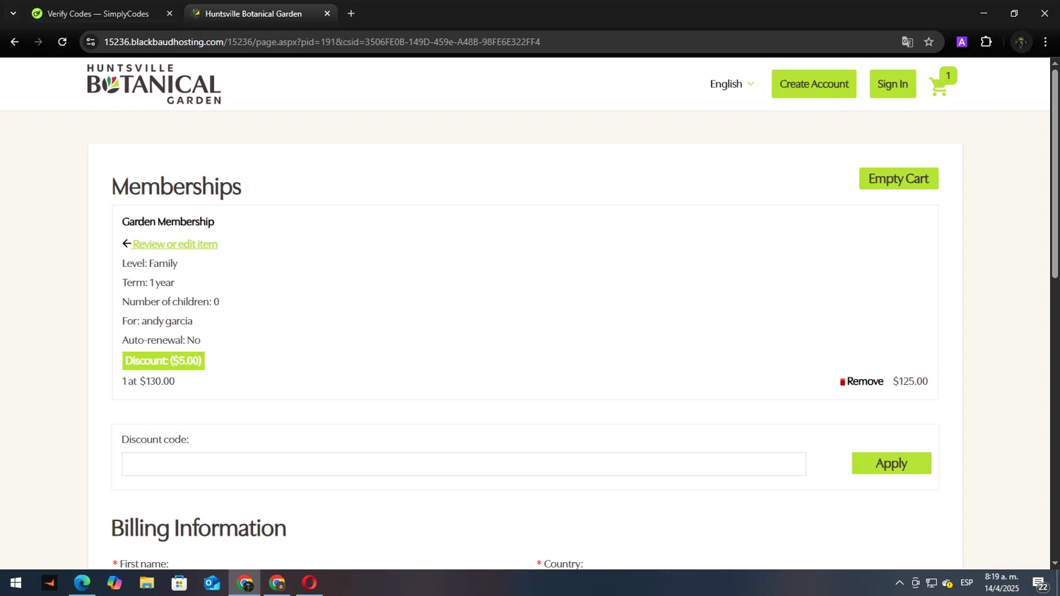 Huntsville Botanical Garden discount code screenshot showing code Garden1 applied at Huntsville Botanical Garden checkout page. Uploaded by SimplyCodes community member Andy2323 on Apr 14, 2025
