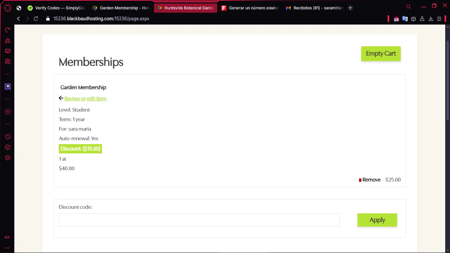 Huntsville Botanical Garden checkout page showing Huntsville Botanical Garden discount code box | Screenshot taken by SimplyCodes community member on Dec 17, 2024