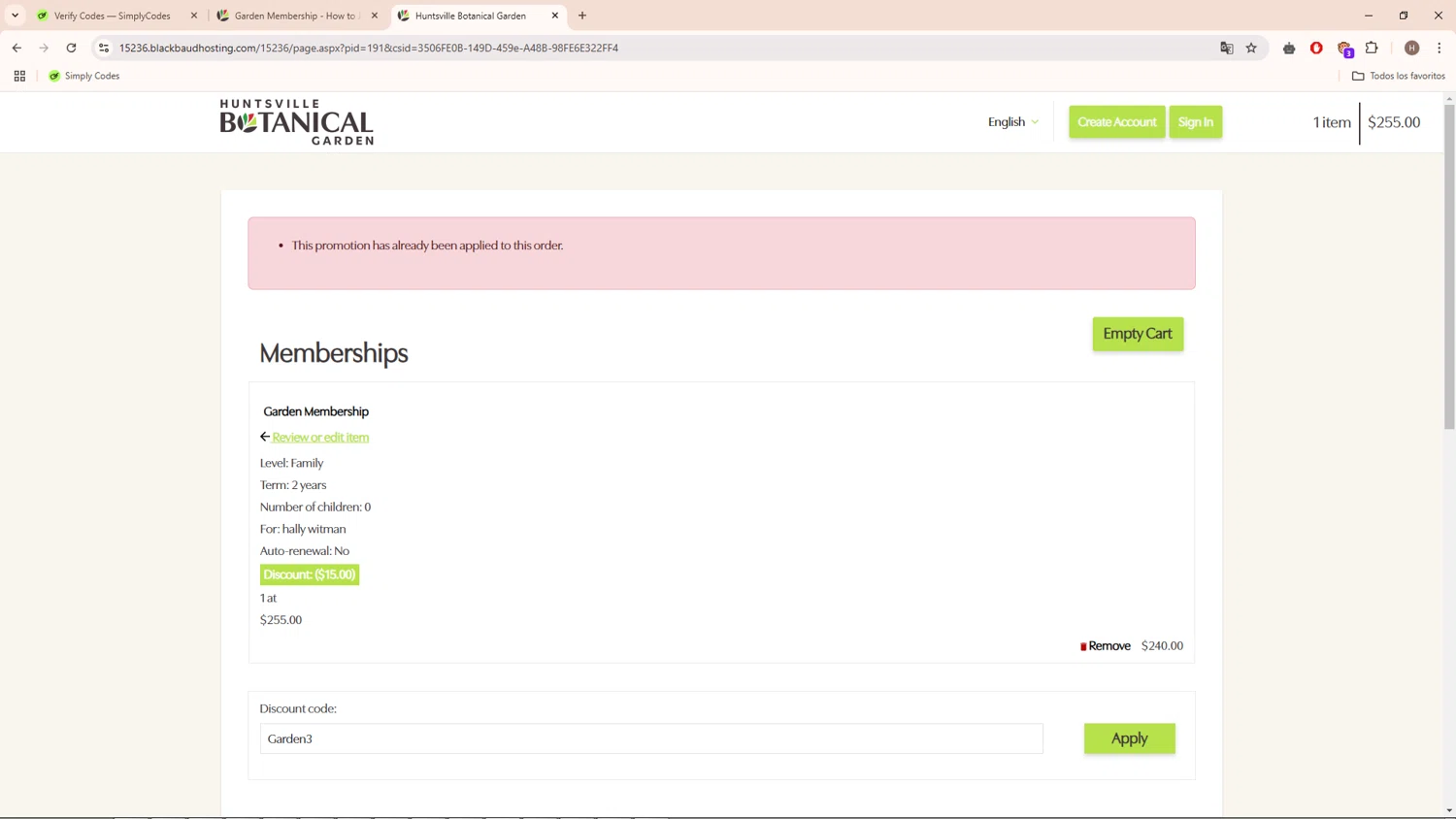 Huntsville Botanical Garden checkout page showing Huntsville Botanical Garden discount code box | Screenshot taken by SimplyCodes community member on Nov 26, 2024