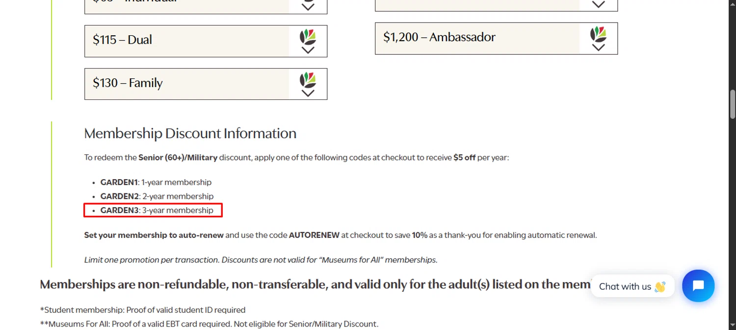 Huntsville Botanical Garden discount code screenshot showing code Garden3 applied at Huntsville Botanical Garden checkout page. Uploaded by SimplyCodes community member noworries on Sep 26, 2025