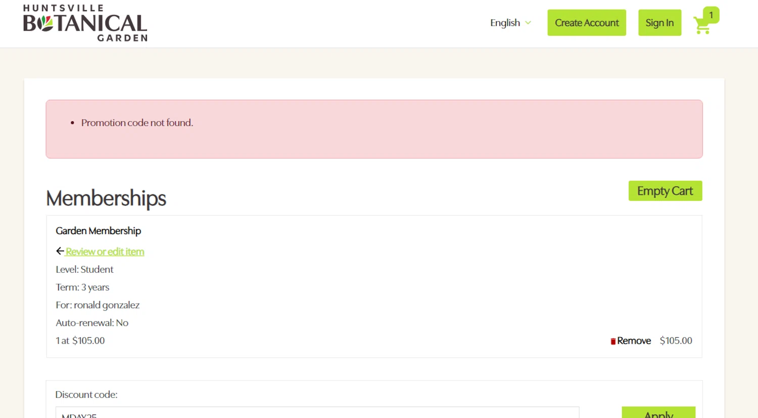 Huntsville Botanical Garden discount code screenshot showing code MDAY25 applied at Huntsville Botanical Garden checkout page. Uploaded by SimplyCodes community member SmartSaver7916 on Jun 6, 2025
