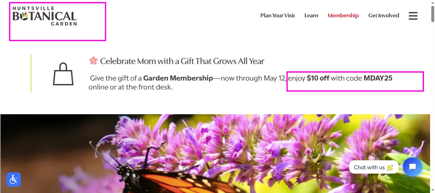 Huntsville Botanical Garden discount code screenshot showing code MDAY25 applied at Huntsville Botanical Garden checkout page. Uploaded by SimplyCodes community member mrdarcy on May 8, 2025