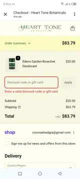 Heart Tone Botanicals coupon verification screenshot