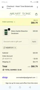 Heart Tone Botanicals coupon verification screenshot