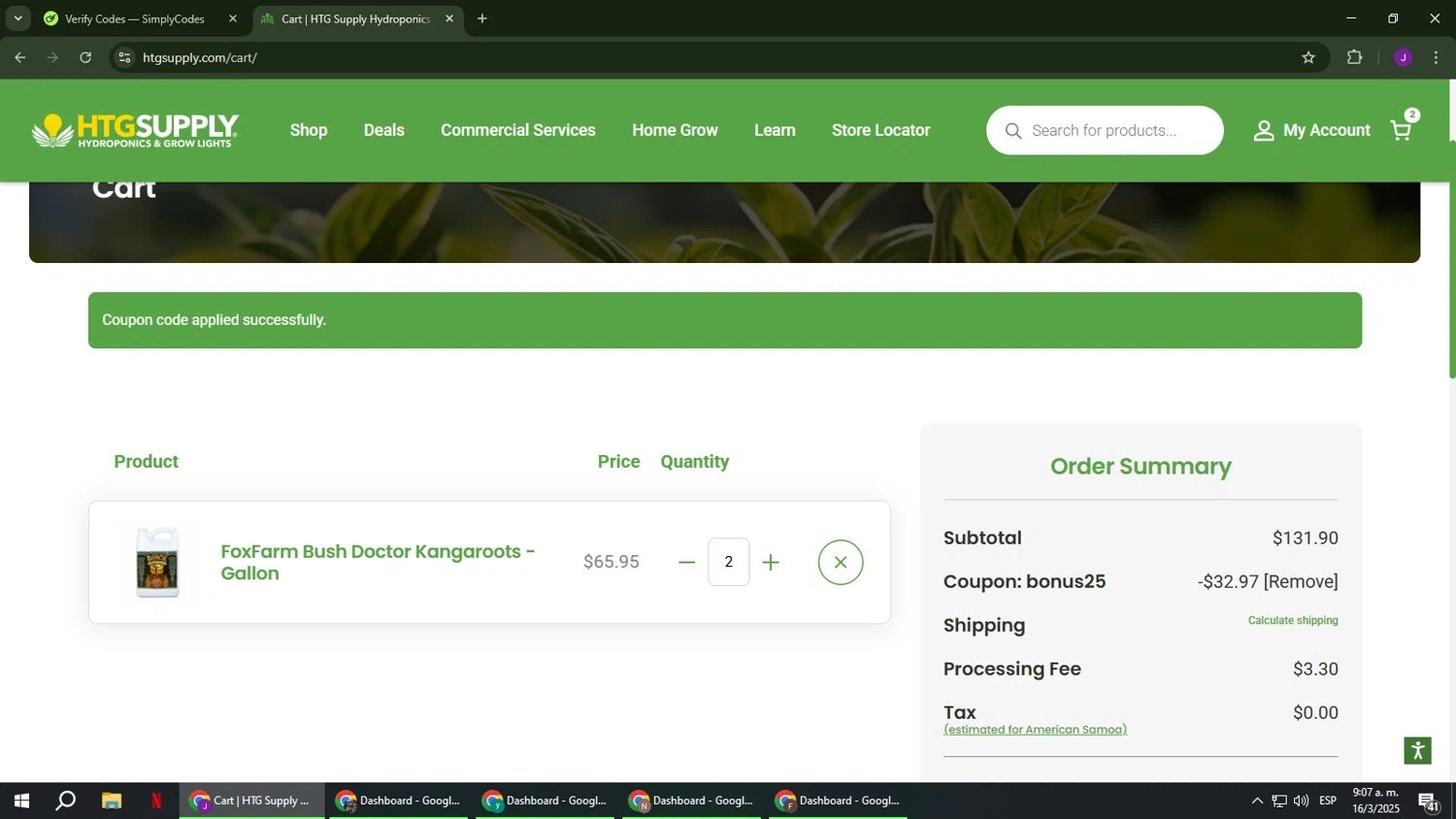 HTG Supply coupon code screenshot showing code bonus25 applied at HTG Supply checkout page. Uploaded by SimplyCodes community member ComeBurra123 on Mar 16, 2025
