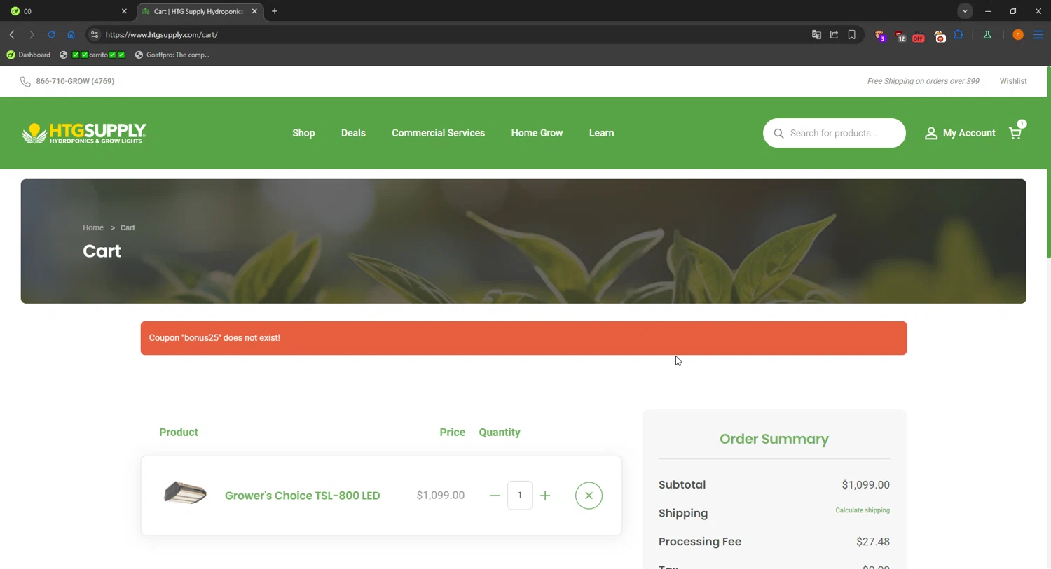 HTG Supply coupon code screenshot showing code bonus25 applied at HTG Supply checkout page. Uploaded by SimplyCodes community member LOgoter on Oct 2, 2025