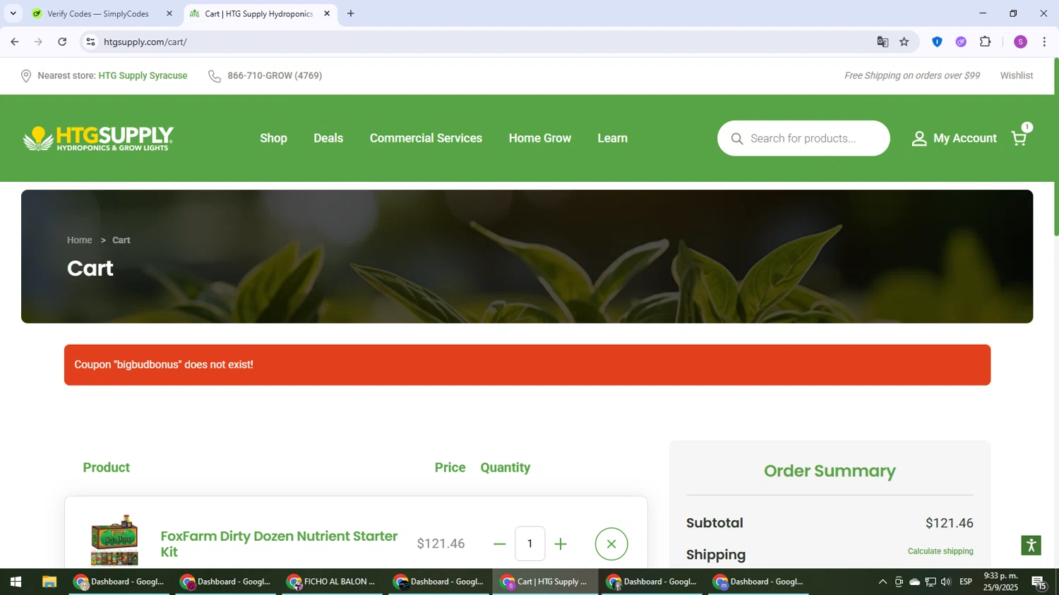 HTG Supply coupon code screenshot showing code BIGBUDBONUS applied at HTG Supply checkout page. Uploaded by SimplyCodes community member Son_Goku on Sep 26, 2025
