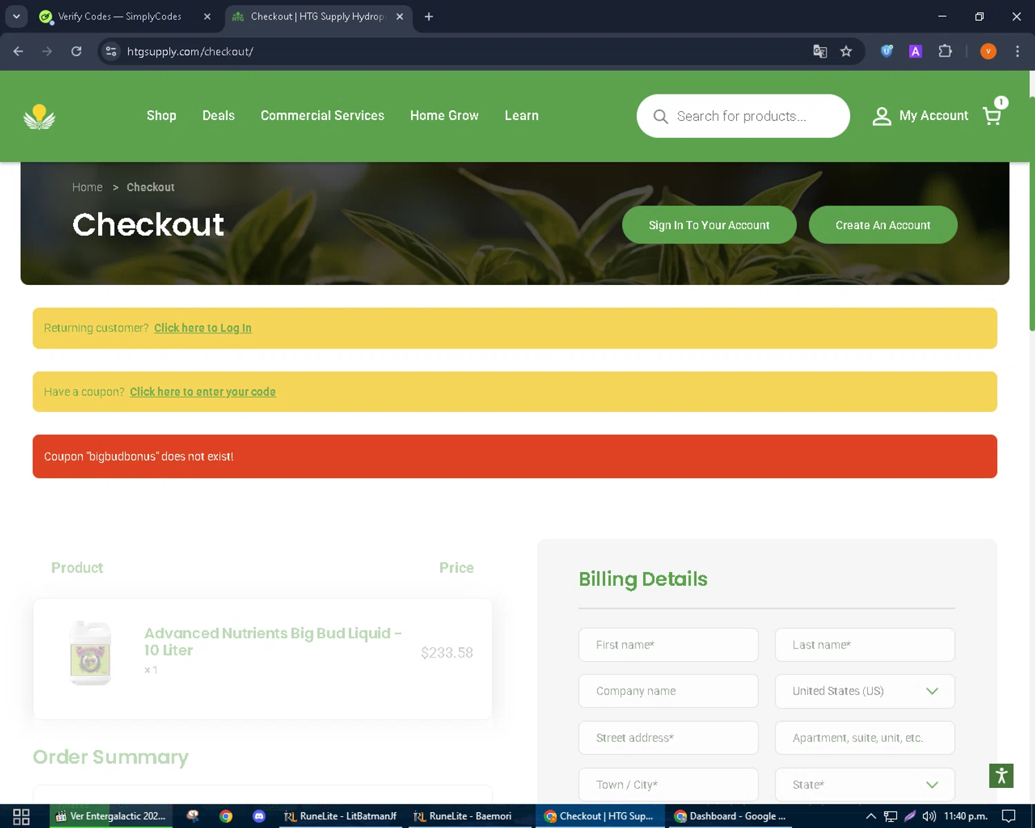 HTG Supply coupon code screenshot showing code BIGBUDBONUS applied at HTG Supply checkout page. Uploaded by SimplyCodes community member bulbasaur69 on Sep 26, 2025
