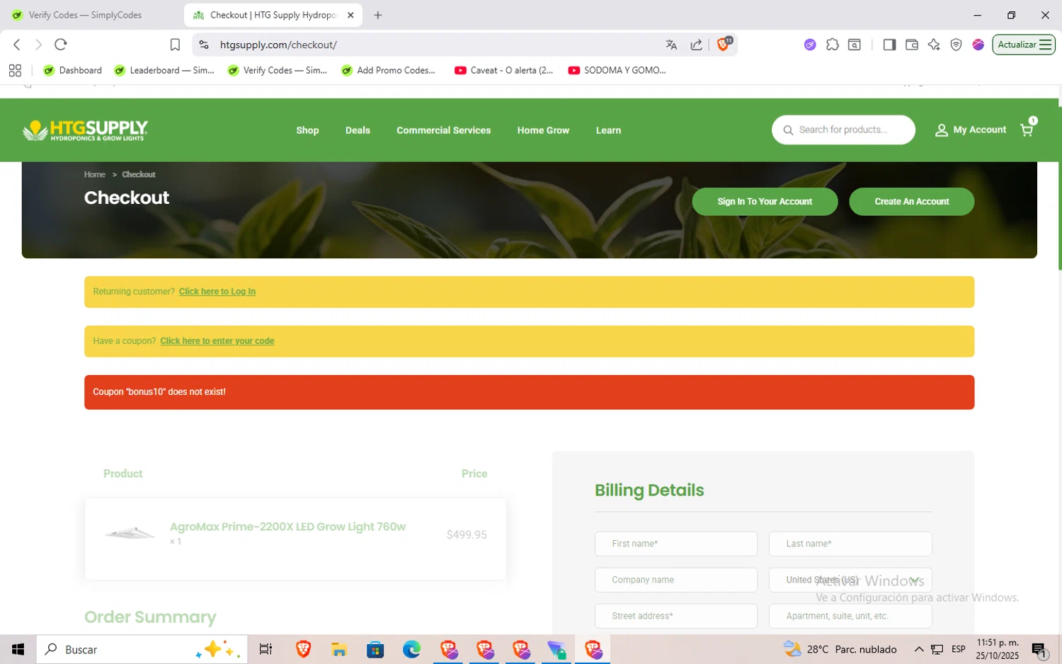 HTG Supply coupon code screenshot showing code BONUS10 applied at HTG Supply checkout page. Uploaded by SimplyCodes community member Rayyyyyy on Oct 26, 2025