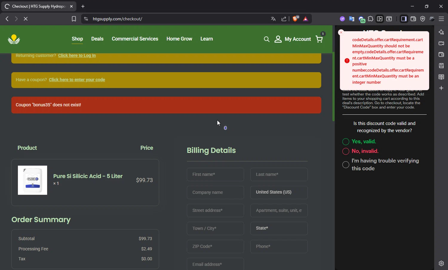 HTG Supply coupon code screenshot showing code bonus35 applied at HTG Supply checkout page. Uploaded by SimplyCodes community member Ema007 on Nov 12, 2025