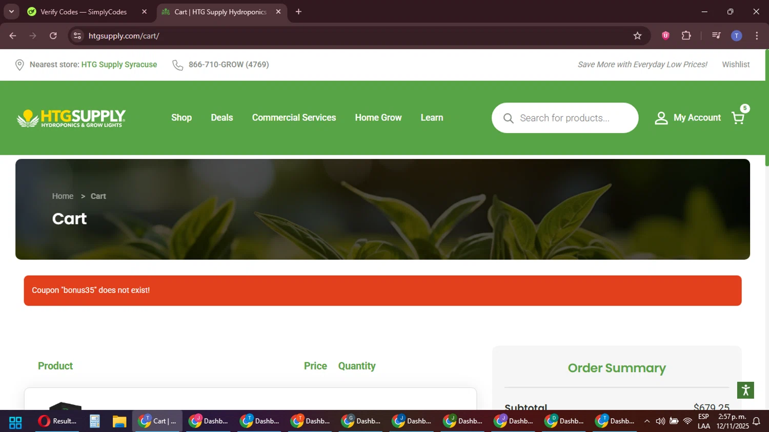 HTG Supply coupon code screenshot showing code bonus35 applied at HTG Supply checkout page. Uploaded by SimplyCodes community member snidertom8 on Nov 12, 2025
