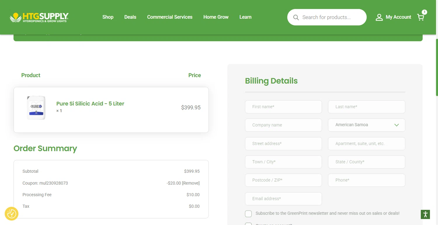 HTG Supply coupon code screenshot showing code mul230928073 applied at HTG Supply checkout page. Uploaded by SimplyCodes community member DiscountTracker247 on Sep 25, 2025