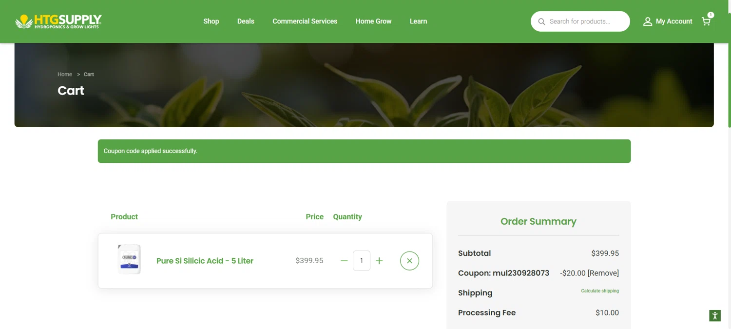 HTG Supply coupon code screenshot showing code mul230928073 applied at HTG Supply checkout page. Uploaded by SimplyCodes community member PromoAdmiral6652 on Aug 3, 2025