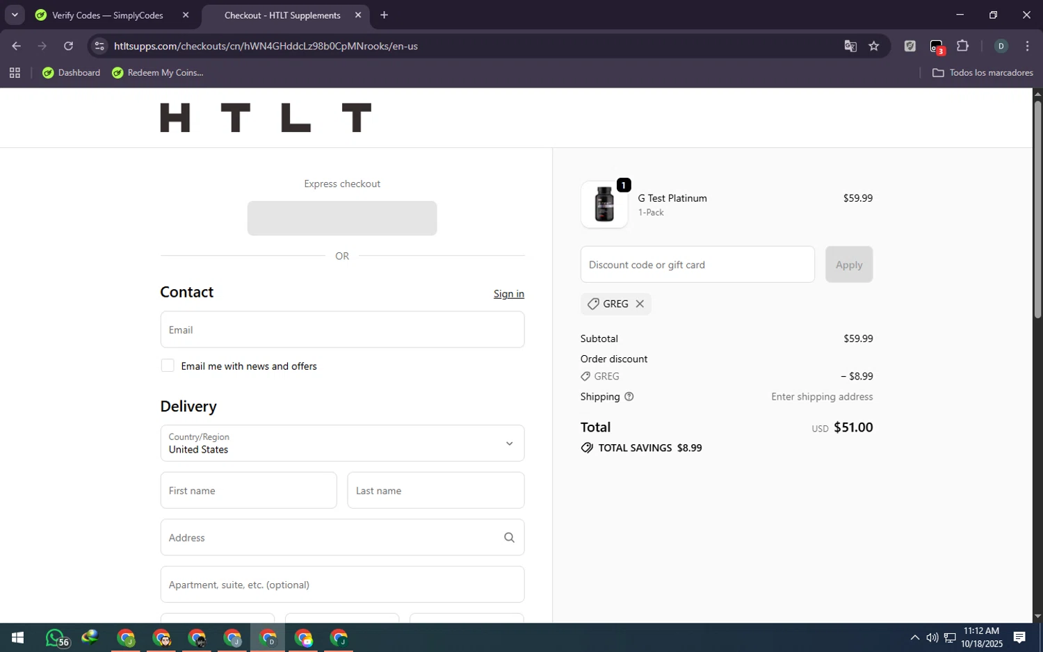 HTLT Supplements discount code screenshot showing code Greg applied at HTLT Supplements checkout page. Uploaded by SimplyCodes community member Rei_Chikita_uwu on Oct 18, 2025