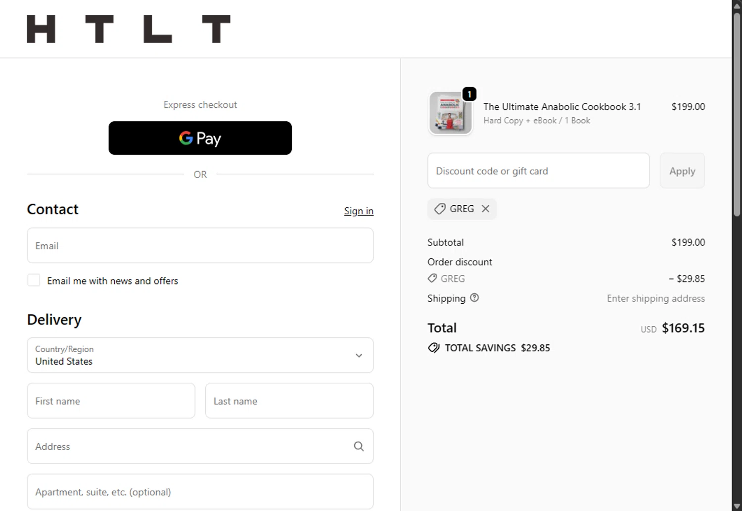 HTLT Supplements discount code screenshot showing code Greg applied at HTLT Supplements checkout page. Uploaded by SimplyCodes community member Santi_ago on Dec 28, 2025