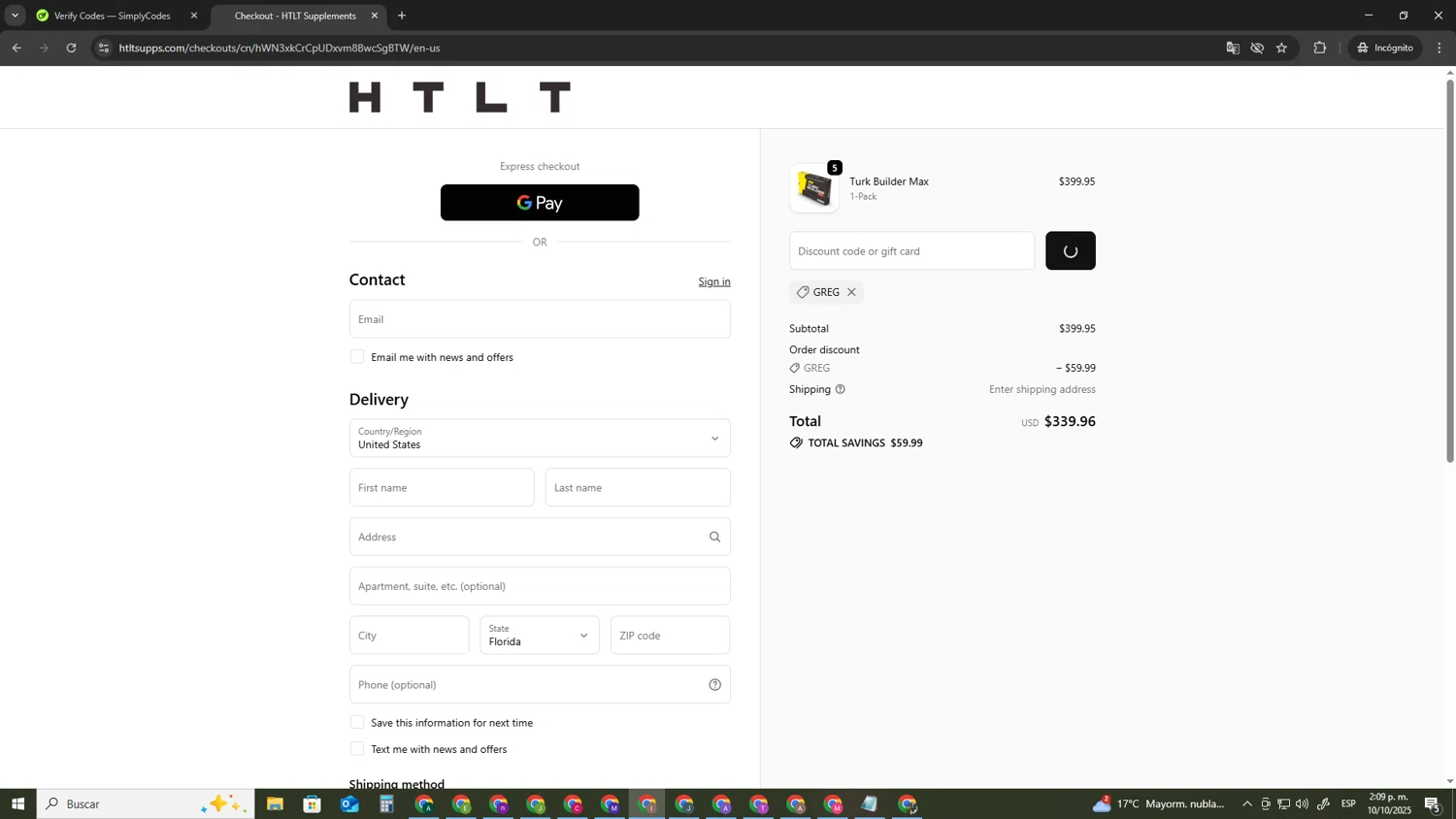 HTLT Supplements discount code screenshot showing code Greg applied at HTLT Supplements checkout page. Uploaded by SimplyCodes community member pequenokalvin5 on Oct 10, 2025