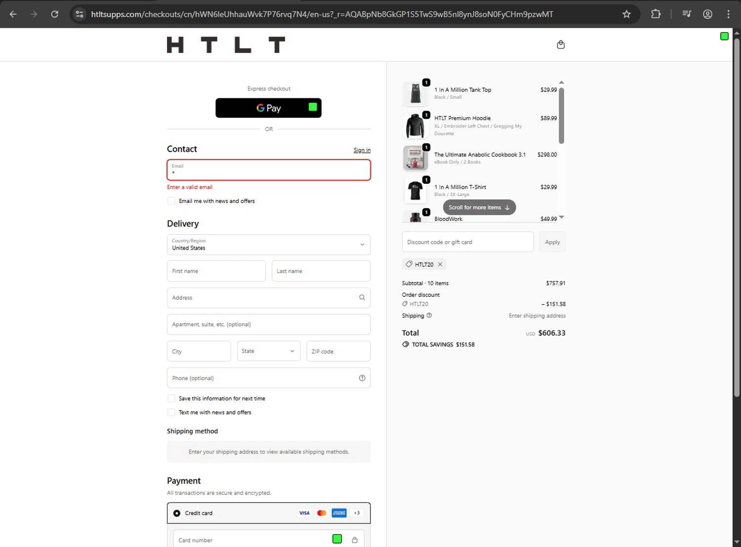 HTLT Supplements discount code screenshot showing code HTLT20 applied at HTLT Supplements checkout page. Uploaded by SimplyCodes community member QuestScholar1789 on Dec 23, 2025