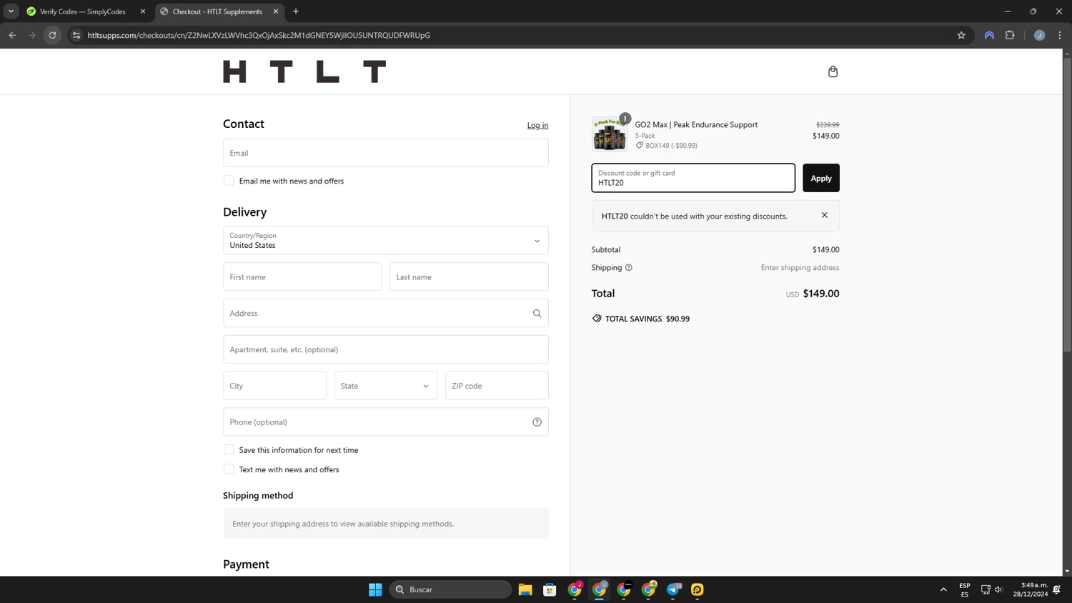 HTLT Supplements discount code screenshot showing code HTLT20 applied at HTLT Supplements checkout page. Uploaded by SimplyCodes community member Khaiden on Dec 28, 2024