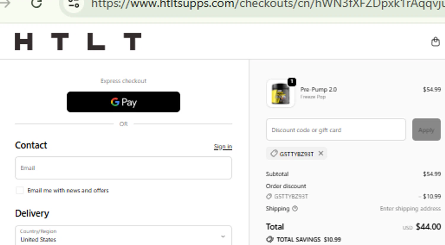 HTLT Supplements discount code screenshot showing code G5TTYBZ93T applied at HTLT Supplements checkout page. Uploaded by SimplyCodes community member RewardFinder4836 on Oct 3, 2025