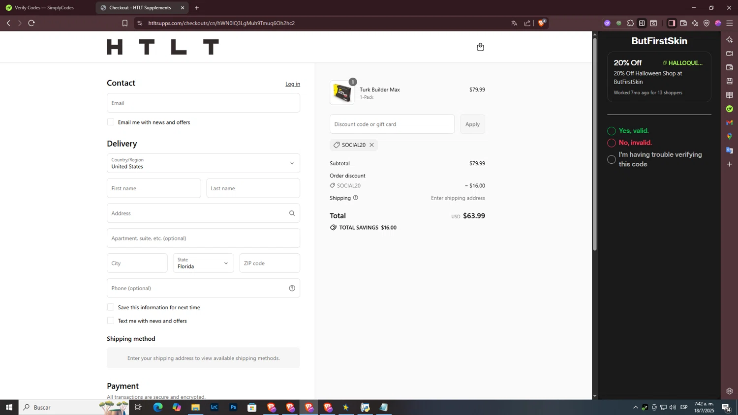 HTLT Supplements discount code screenshot showing code SOCIAL20 applied at HTLT Supplements checkout page. Uploaded by SimplyCodes community member ArtPOPO on Jul 18, 2025