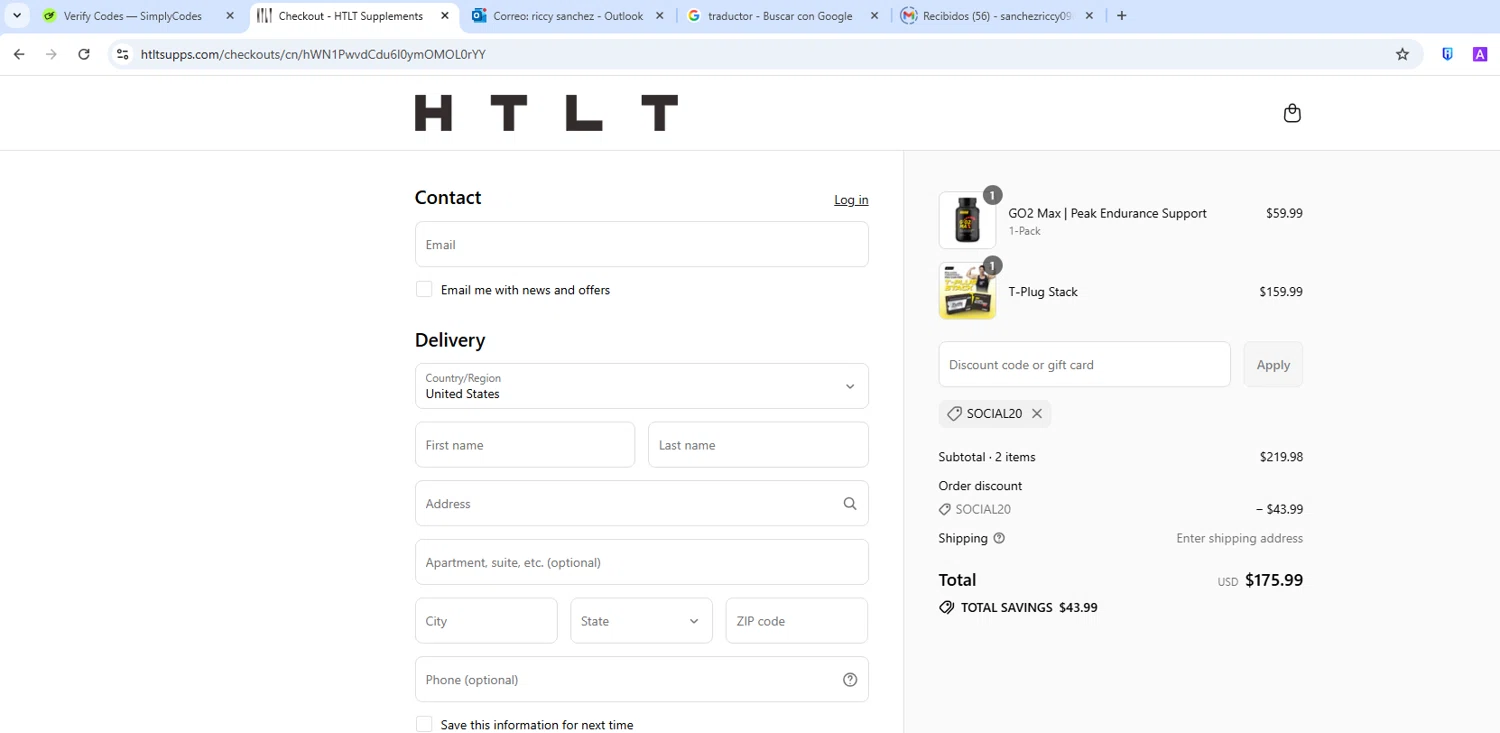 HTLT Supplements discount code screenshot showing code SOCIAL20 applied at HTLT Supplements checkout page. Uploaded by SimplyCodes community member ShieldWarden5142 on Aug 4, 2025