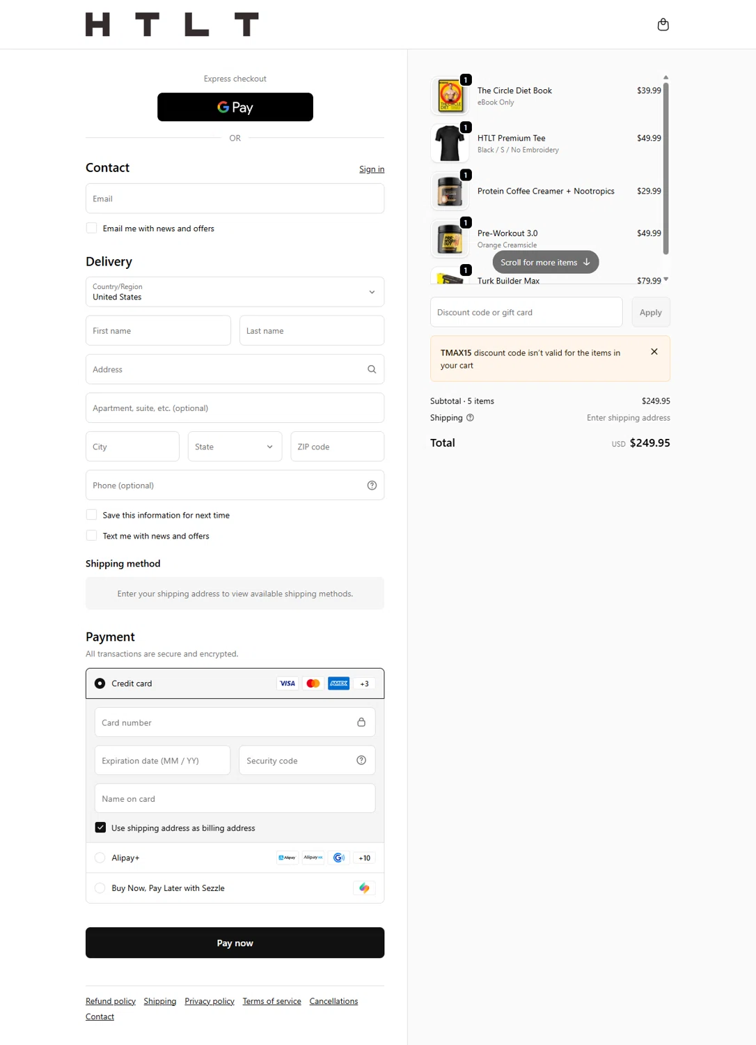 HTLT Supplements checkout page showing HTLT Supplements discount code box | Screenshot taken by SimplyCodes community member on Feb 9, 2026