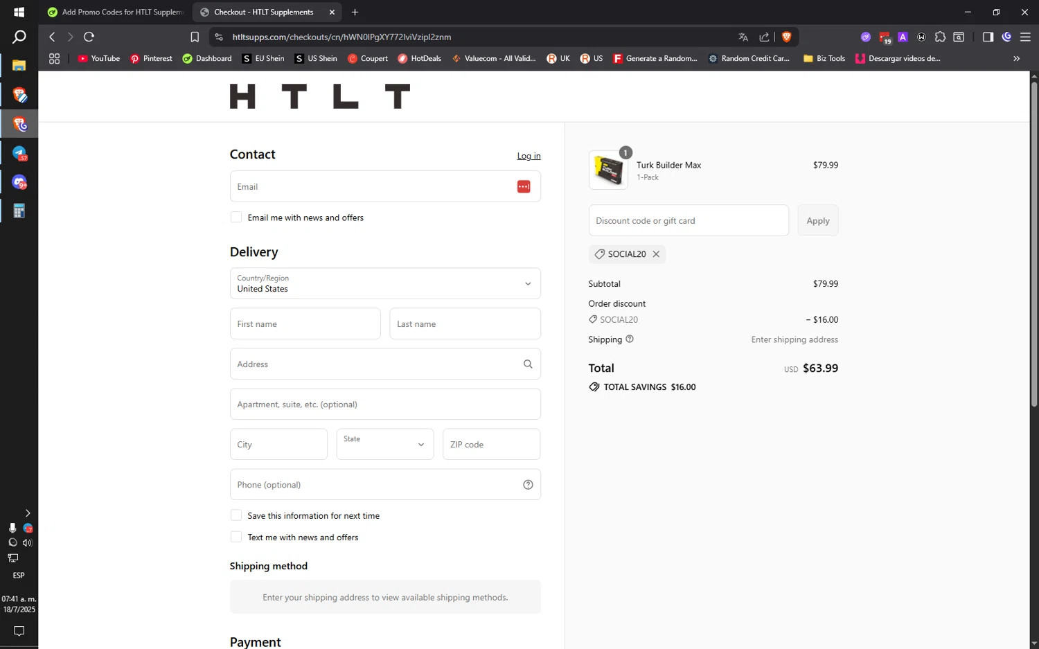 HTLT Supplements discount code screenshot showing code SOCIAL20 applied at HTLT Supplements checkout page. Uploaded by SimplyCodes community member QuantumRider5931 on Jul 18, 2025