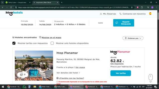 HTop Hotels checkout page showing HTop Hotels promo code box | Screenshot taken by SimplyCodes community member on Jun 12, 2025