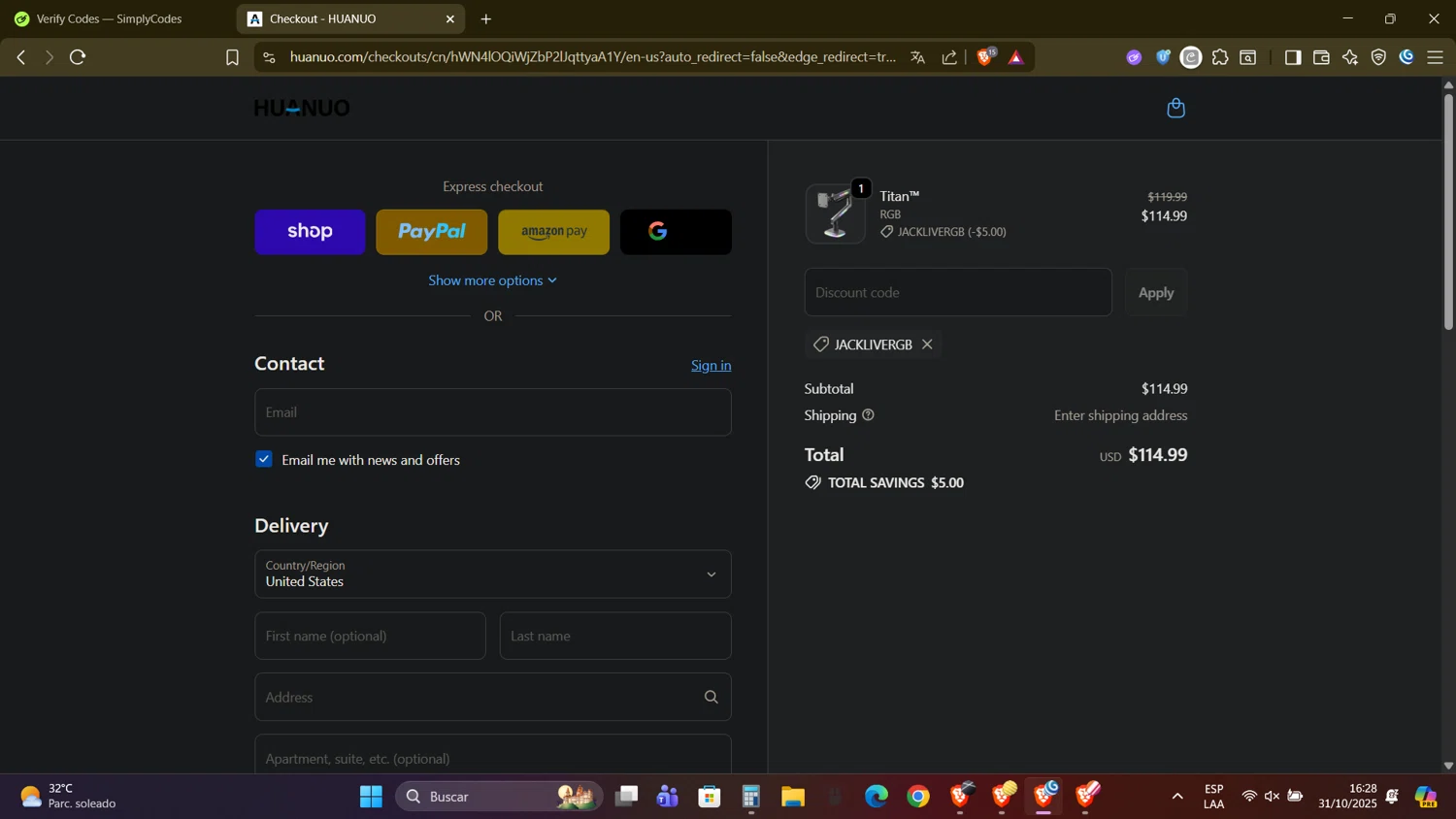 Huanuo coupon code screenshot showing code JACKLIVERGB applied at Huanuo checkout page. Uploaded by SimplyCodes community member DealAdmiral5466 on Oct 31, 2025
