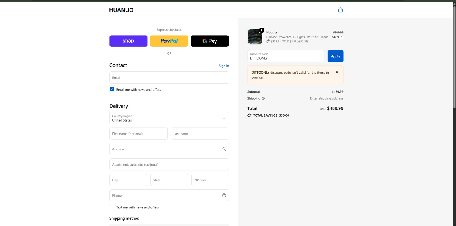 Huanuo coupon code screenshot showing code DITTOONLY applied at Huanuo checkout page. Uploaded by SimplyCodes community member RewardPhoenix3732 on Oct 31, 2025