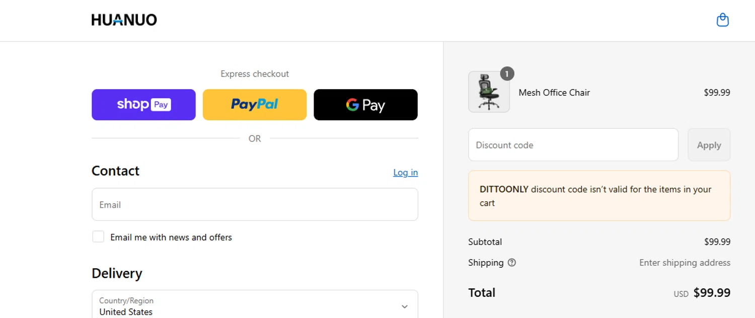 Huanuo coupon code screenshot showing code DITTOONLY applied at Huanuo checkout page. Uploaded by SimplyCodes community member ashe1986 on Aug 21, 2025