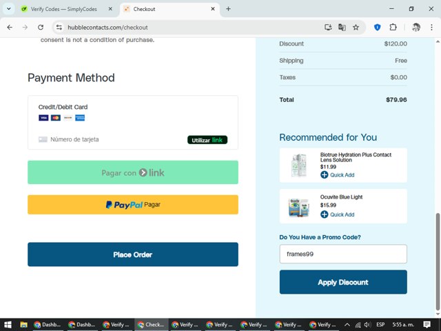 Hubble Contacts checkout page showing Hubble Contacts promo code box | Screenshot taken by SimplyCodes community member on Aug 5, 2025
