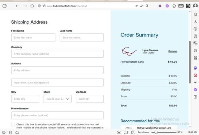 Hubble Contacts checkout page showing Hubble Contacts promo code box | Screenshot taken by SimplyCodes community member on Aug 25, 2025