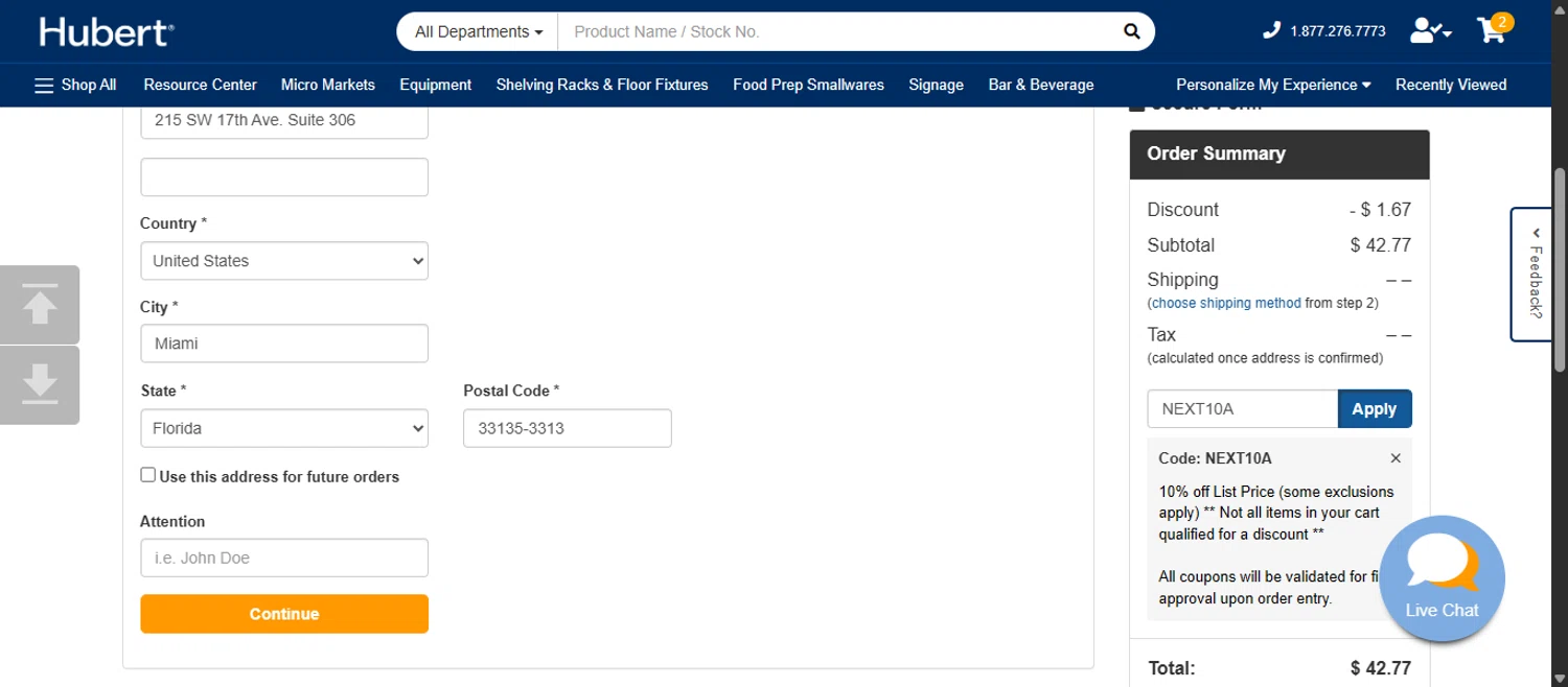 Hubert promo code screenshot showing code NEXT10A applied at Hubert checkout page. Uploaded by SimplyCodes community member 111111 on Nov 18, 2025