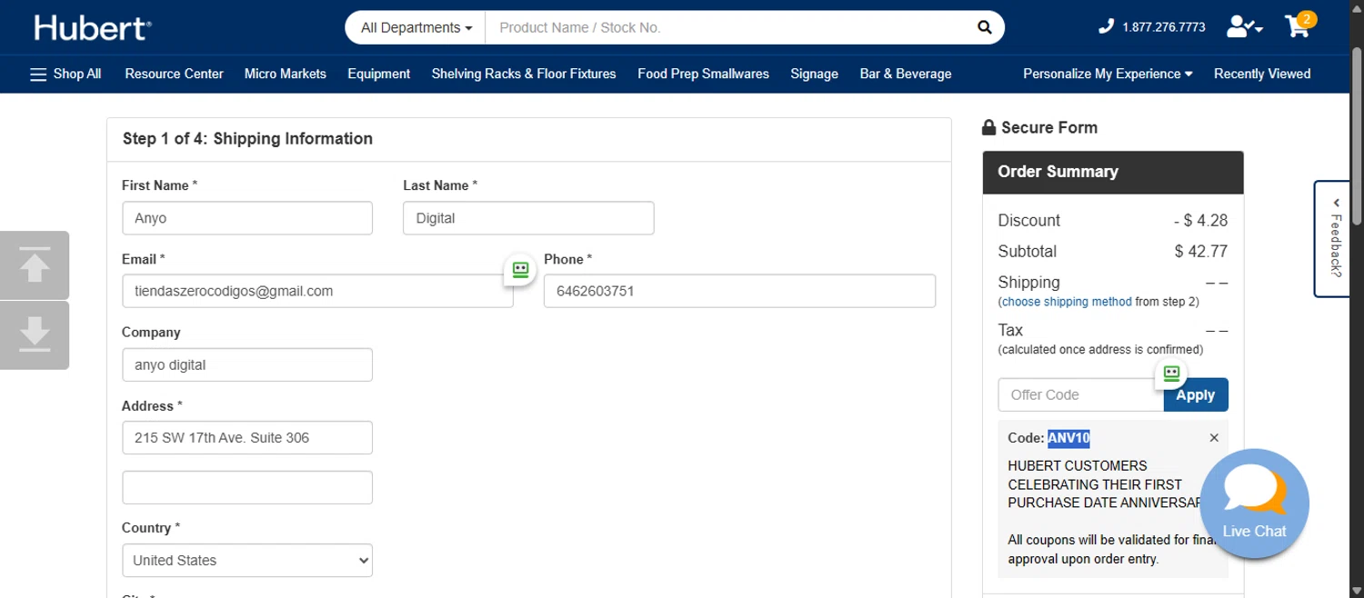 Hubert promo code screenshot showing code ANV10 applied at Hubert checkout page. Uploaded by SimplyCodes community member 111111 on Nov 18, 2025