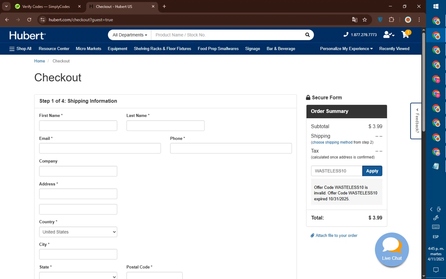 Hubert promo code screenshot showing code WASTELESS10 applied at Hubert checkout page. Uploaded by SimplyCodes community member DealElite4728 on Nov 4, 2025