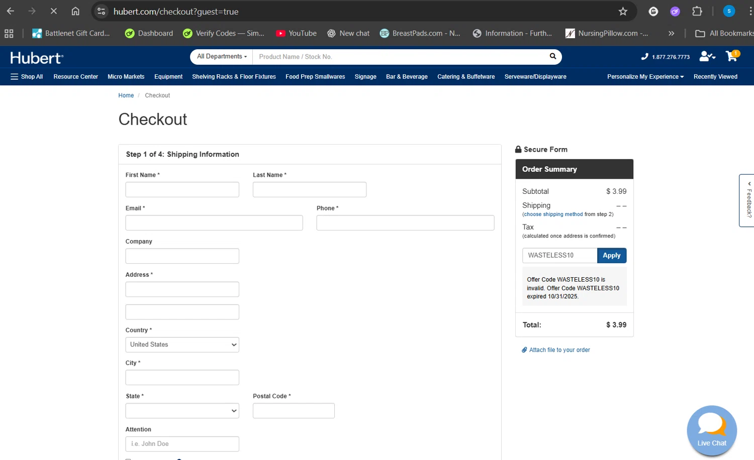 Hubert promo code screenshot showing code WASTELESS10 applied at Hubert checkout page. Uploaded by SimplyCodes community member Giyuuu on Nov 4, 2025