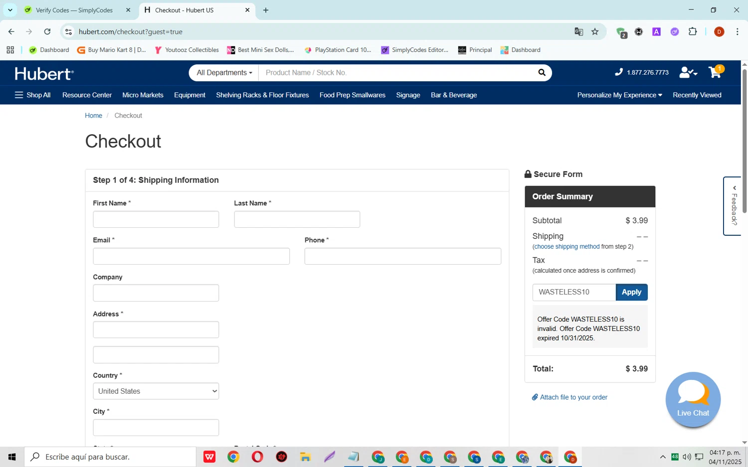 Hubert promo code screenshot showing code WASTELESS10 applied at Hubert checkout page. Uploaded by SimplyCodes community member SaleSaver3540 on Nov 4, 2025
