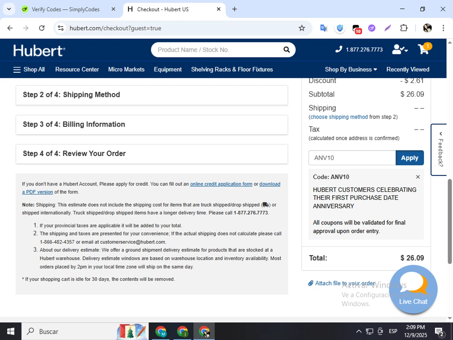Hubert promo code screenshot showing code ANV10 applied at Hubert checkout page. Uploaded by SimplyCodes community member mariapolancog on Dec 9, 2025