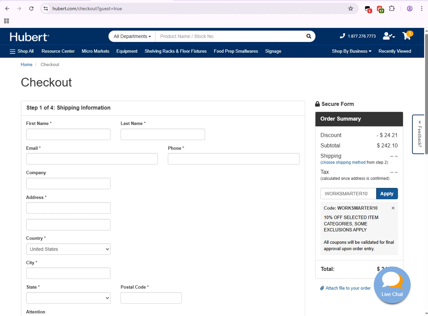 Hubert promo code screenshot showing code WORKSMARTER10 applied at Hubert checkout page. Uploaded by SimplyCodes community member SmartPilot7926 on Dec 8, 2025