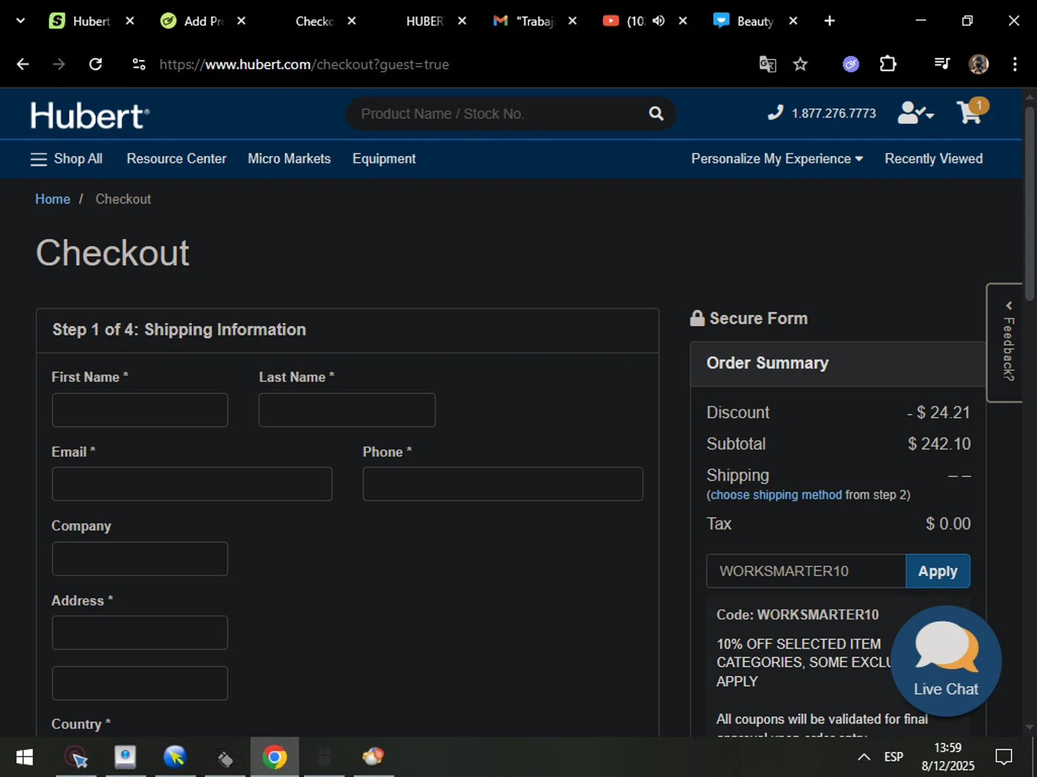 Hubert promo code screenshot showing code WORKSMARTER10 applied at Hubert checkout page. Uploaded by SimplyCodes community member MarcosAranguren on Dec 8, 2025