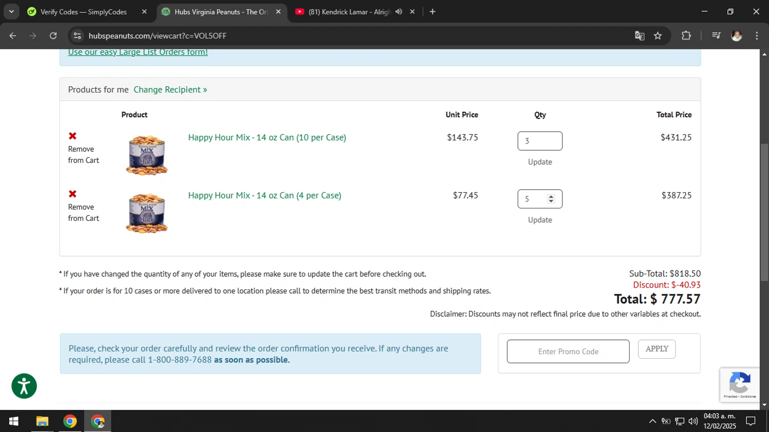 Hubs Peanuts checkout page showing Hubs Peanuts promo code box | Screenshot taken by SimplyCodes community member on Feb 12, 2025
