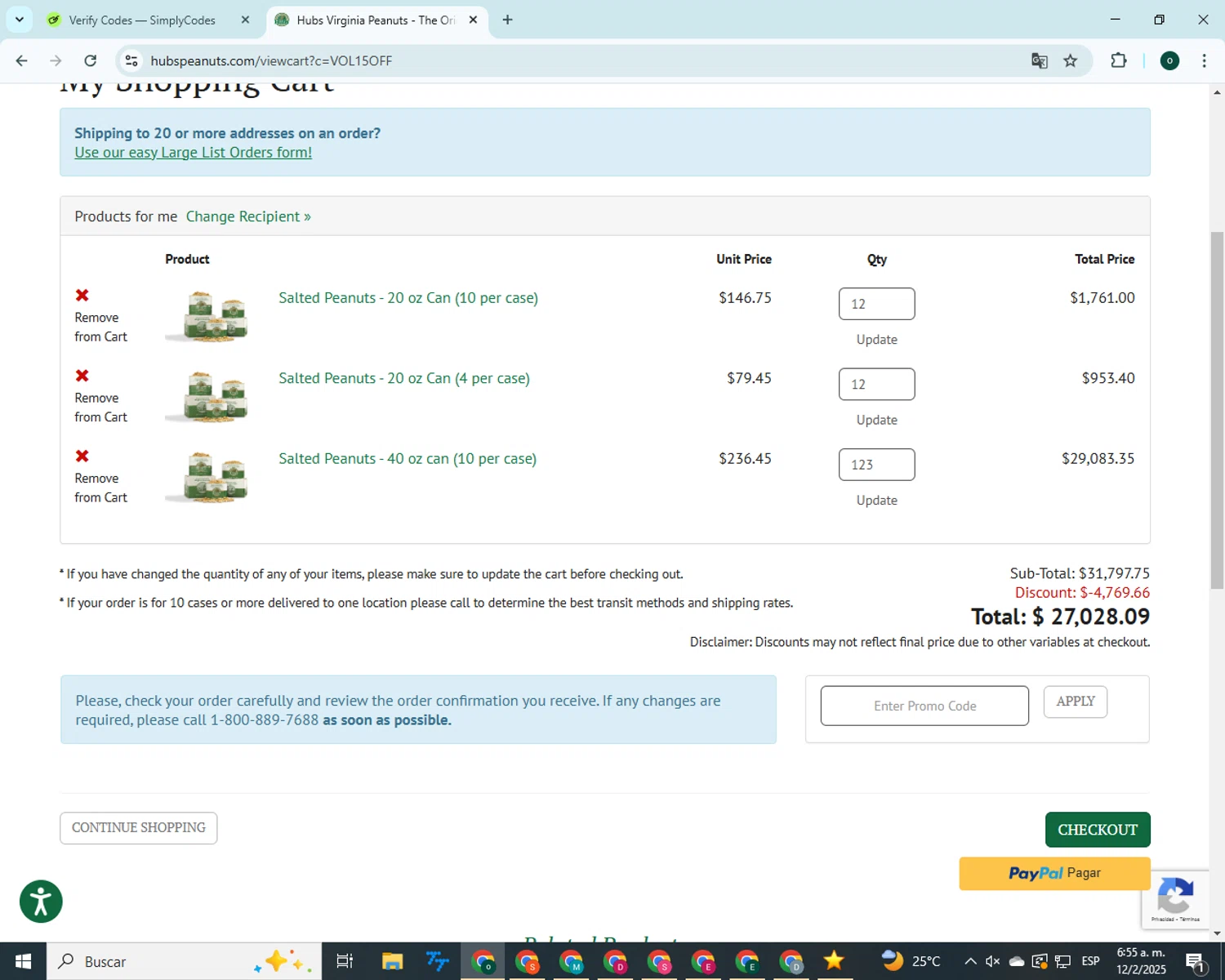 Hubs Peanuts checkout page showing Hubs Peanuts promo code box | Screenshot taken by SimplyCodes community member on Feb 12, 2025
