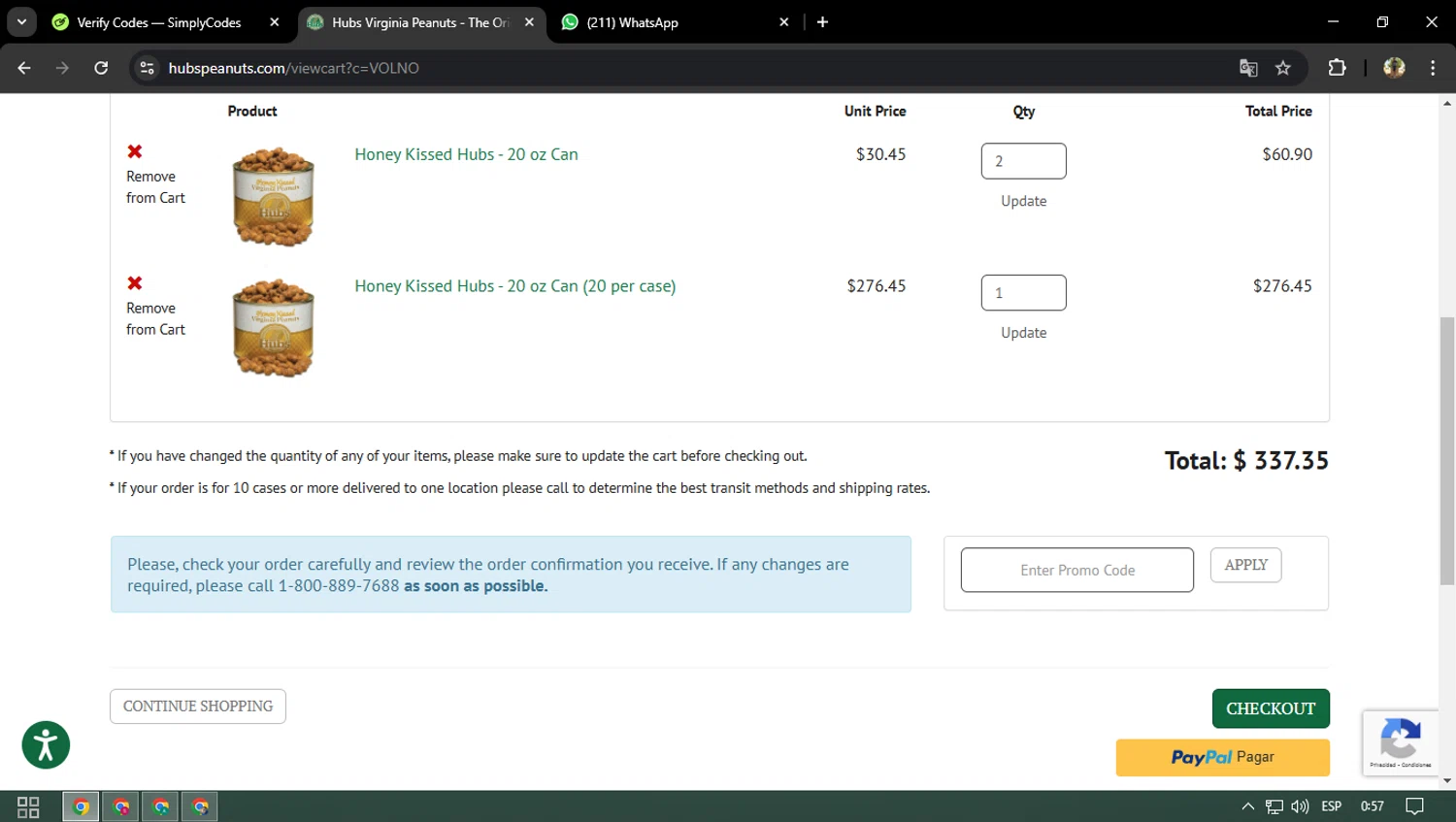 Hubs Peanuts promo code screenshot showing code WELCOME10 applied at Hubs Peanuts checkout page. Uploaded by SimplyCodes community member ELVERDEDESAMP on Mar 6, 2025