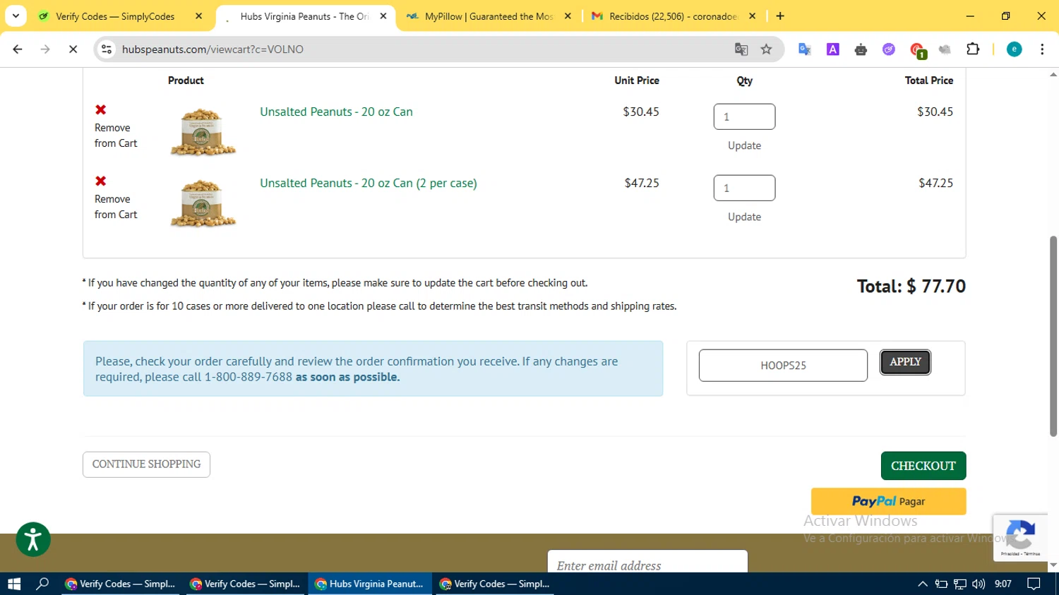 Hubs Peanuts promo code screenshot showing code HOOPS25 applied at Hubs Peanuts checkout page. Uploaded by SimplyCodes community member BonusVoyager4214 on Apr 25, 2025