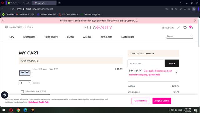 Huda Beauty checkout page showing Huda Beauty promo code box | Screenshot taken by SimplyCodes community member on May 2, 2024
