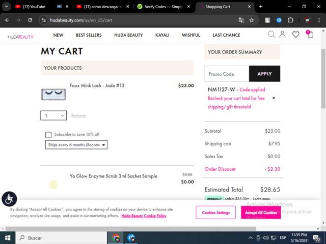Huda Beauty checkout page showing Huda Beauty promo code box | Screenshot taken by SimplyCodes community member on May 17, 2024