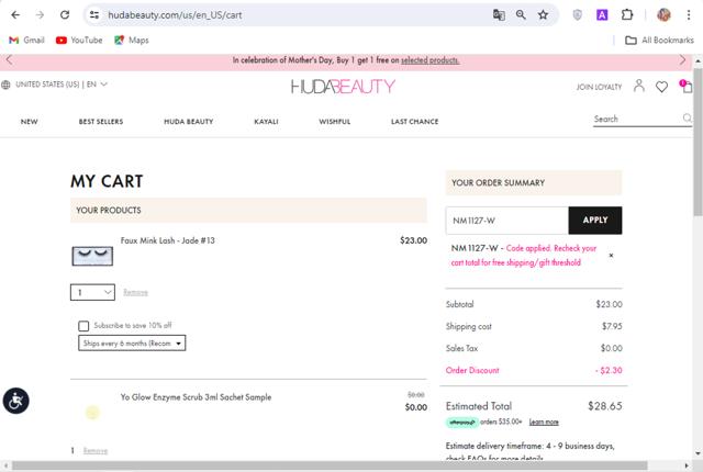Huda Beauty checkout page showing Huda Beauty promo code box | Screenshot taken by SimplyCodes community member on May 9, 2024