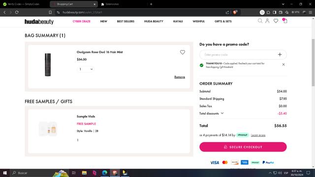 Huda Beauty checkout page showing Huda Beauty promo code box | Screenshot taken by SimplyCodes community member on Oct 30, 2024