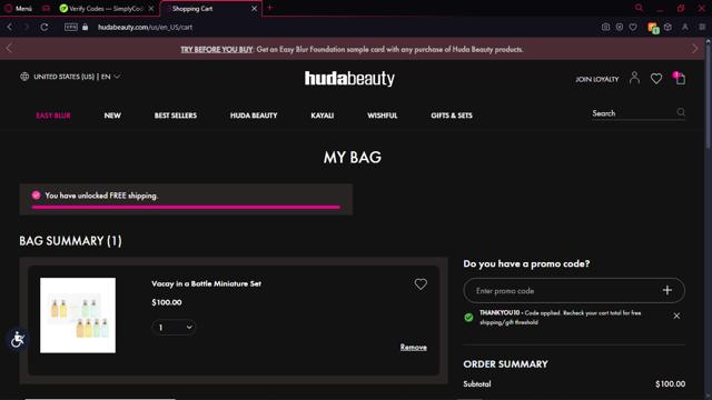 Huda Beauty checkout page showing Huda Beauty promo code box | Screenshot taken by SimplyCodes community member on Sep 22, 2024